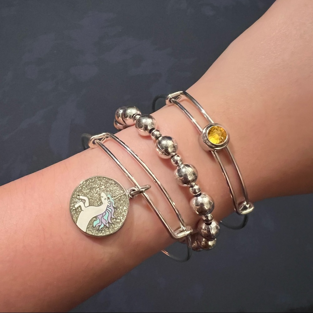 Set of 3 Alex & Ani Silver Bangle Bracelets with Charm and Beads